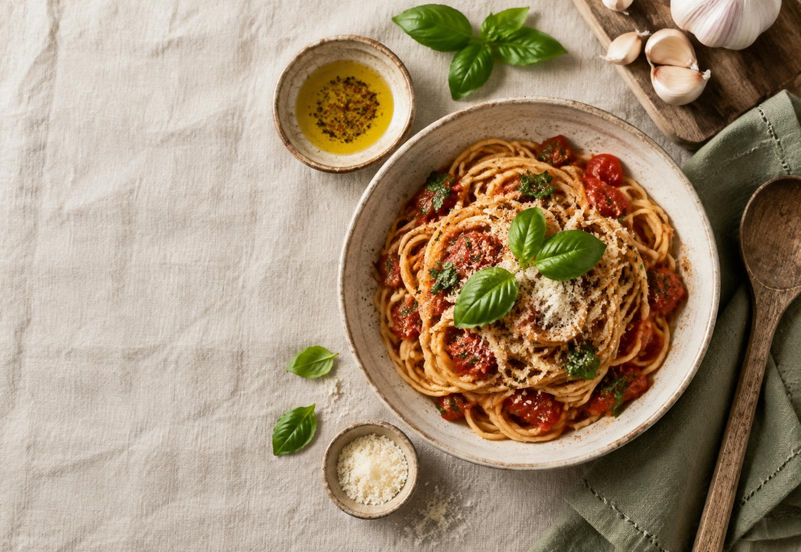 A bowl of tomato pasta with basil and garlic on linen